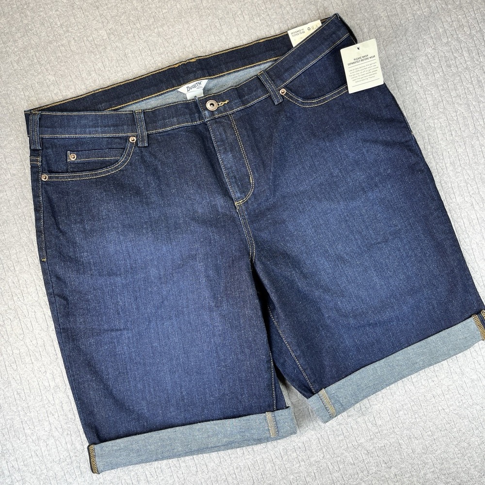 New Duluth Trading Co Bermuda Jean Shorts Women 18 Dark Wash Blue Mid Rise Denim